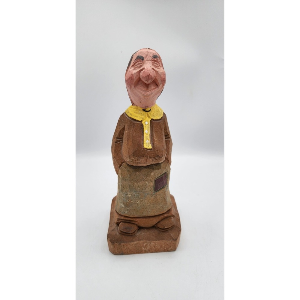 Hand Carved Granny Grannycore Wooden Figure Old Woman Smiling  In Apron Dress
